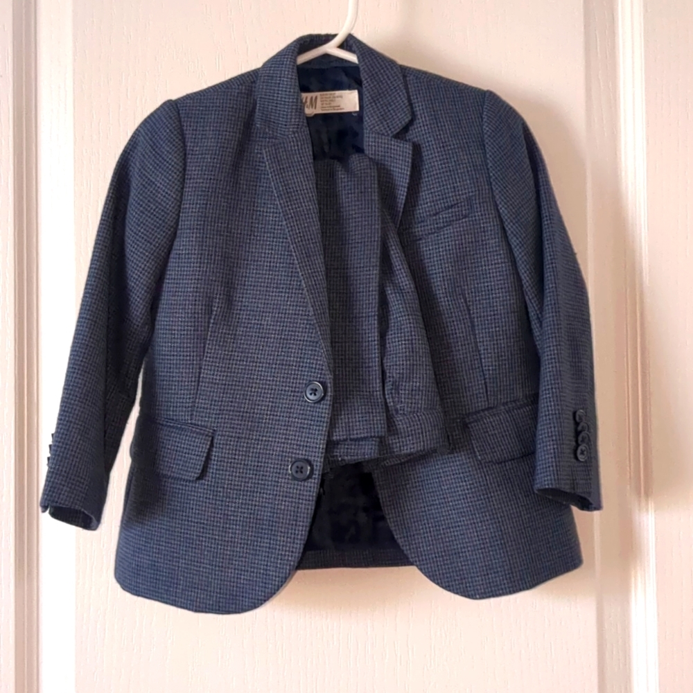 H&M Toddler Boys Blue Houndstooth Wool Plaid Suit 2T